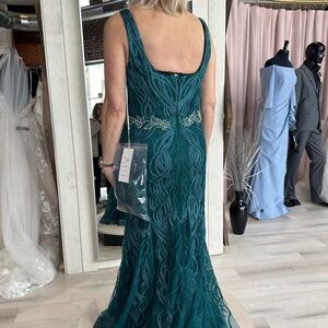 Elegant Teal Evening Gown with Crystal Wave Detailing